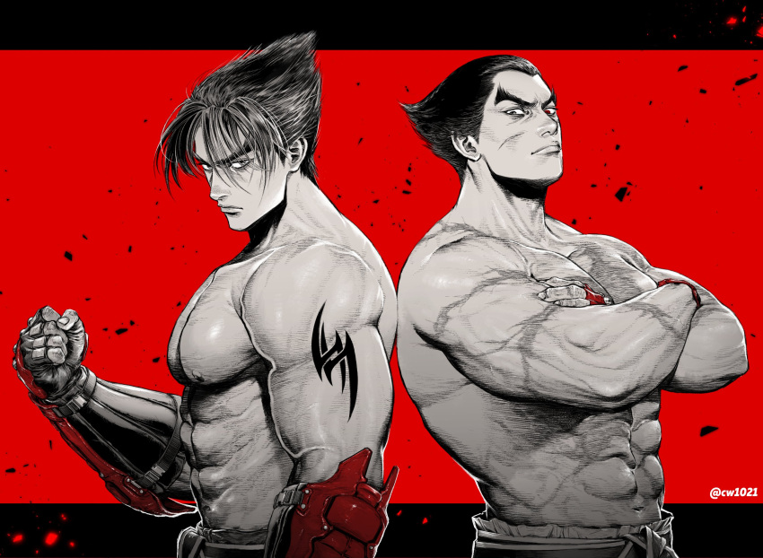 2boys arm_up back-to-back belt black_hair chiwa_(cw1021) crossed_arms dougi father_and_son gauntlets gloves heterochromia highres karate_gi kazama_jin mishima_kazuya monochrome multiple_boys muscular muscular_male red_background scar scar_on_face symbol-only_commentary tattoo tekken topless_male twitter_username