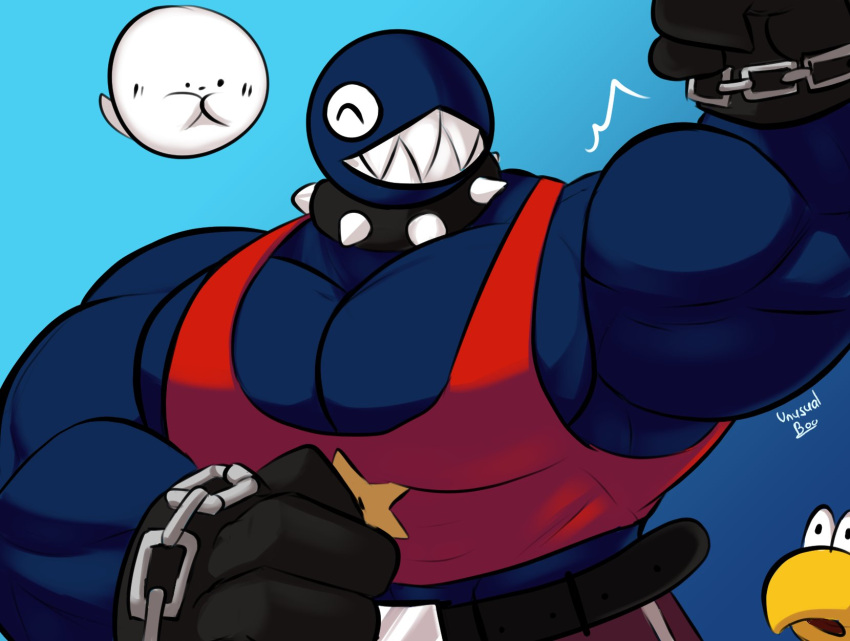 ambiguous_gender anthro belt big_muscles big_pecs black_body boo_(mario) chain chain_chomp clothing collar digital_drawing_(artwork) digital_media_(artwork) eyes_closed flexing gloves gradient_background group handwear hi_res koopa looking_at_another male mario_bros muscular muscular_anthro muscular_male nintendo pecs red_clothing scalie shaded sharp_teeth shirt simple_background smile spiked_collar spikes star tank_top teeth topwear unusualboo54 video_games