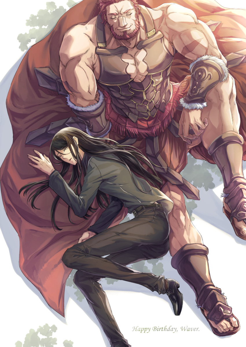 2boys armor bara bare_shoulders beard biceps black_shirt breastplate cape cleavage_cutout clothing_cutout facial_hair fate/grand_order fate/zero fate_(series) highres iori0371 iskandar_(fate) legs long_hair lord_el-melloi_ii male_focus mature_male multiple_boys muscular muscular_male red_hair shirt short_hair sleeping smile waver_velvet