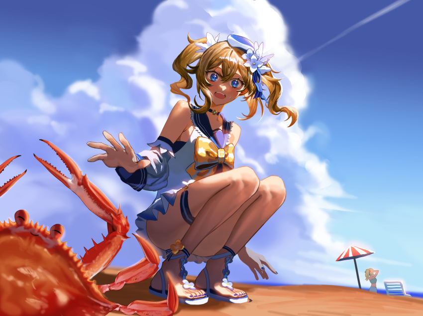 2girls absurdres ankle_flower ankle_ribbon barbara_(genshin_impact) barbara_(summertime_sparkle)_(genshin_impact) beach beach_chair beach_umbrella blonde_hair blue_eyes blue_headwear blue_nails blue_sky blush bow breasts choker cloud cloudy_sky commentary contrail convenient_leg crab day detached_sleeves english_commentary flower full_body genshin_impact hair_between_eyes hair_flower hair_ornament hat highres jean_(genshin_impact) jean_(sea_breeze_dandelion)_(genshin_impact) looking_at_viewer medium_hair multiple_girls nail_polish open_mouth outdoors outstretched_hand ribbon sailor_collar sailor_hat sandals shirt sidelocks sky small_breasts solo_focus squatting sweat sweatdrop swimsuit thigh_strap thighs toenail_polish toenails twintails umbrella white_flower white_shirt yai_sea_ball yellow_bow