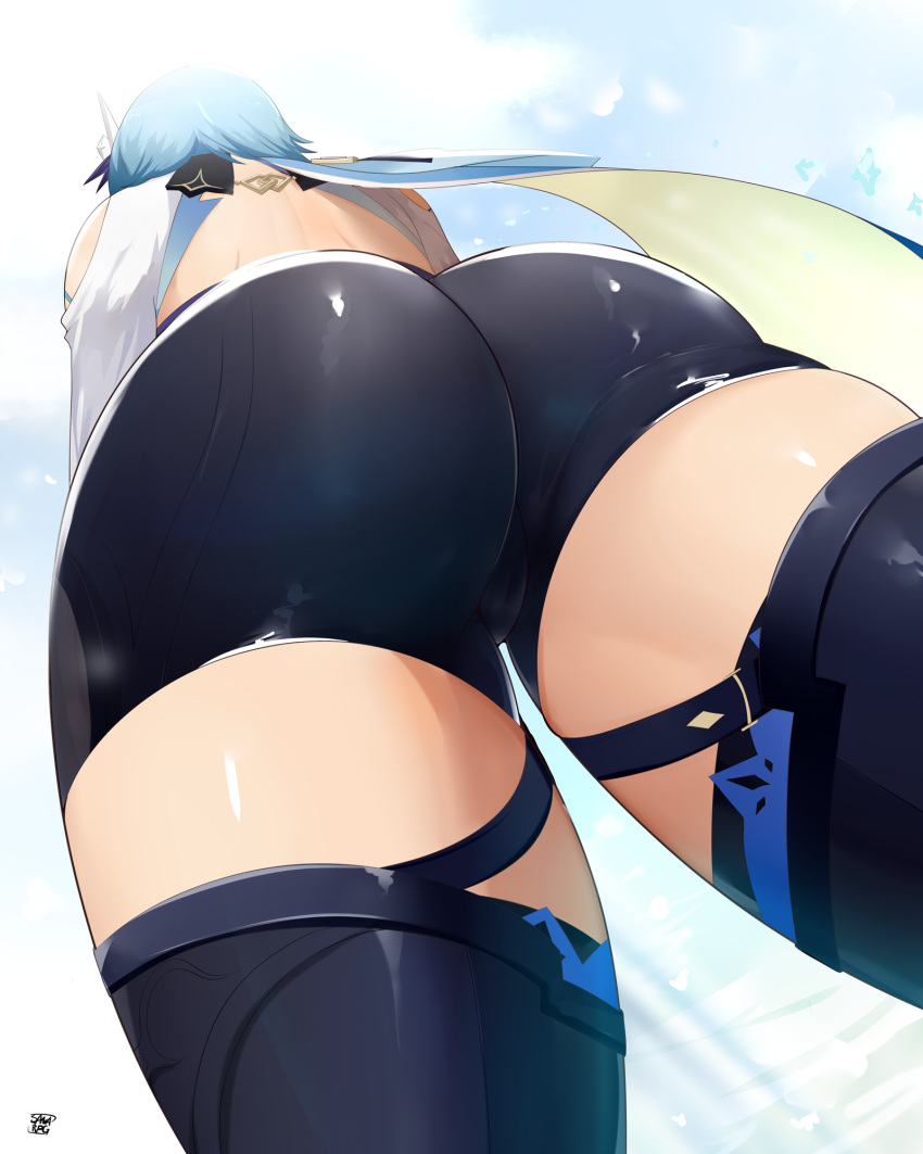 1girl ass ass_focus back backless_outfit black_legwear black_shorts clothing_cutout commentary cowboy_shot eula_(genshin_impact) from_below genshin_impact highres light_blue_hair sana!rpg short_shorts shorts shoulder_cutout solo standing taut_clothes thighhighs thighs