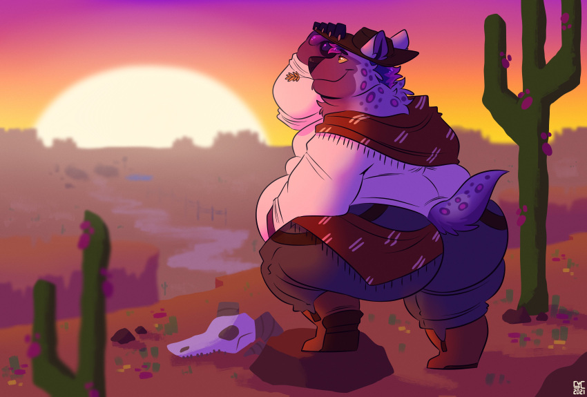 absurd_res anthro belly big_belly bone boots butt cactus chewing_grass claws cliff clothed clothing cowboy_hat desert detailed_background footwear fur hand_on_hat hat hat_tip headgear headwear hi_res hyaenid male mammal obese obese_anthro obese_male outside overweight overweight_anthro overweight_male plant purple_body purple_fur skull sky smile solo spots spotted_body spotted_fur spotted_hyena step_pose sunset syc thick_thighs western