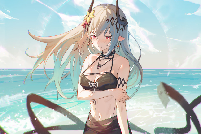1girl absurdres arknights arm_under_breasts armlet bangs bikini black_bikini blue_sky blush breasts cleavage closed_mouth collarbone cowboy_shot day earrings embarrassed eyebrows_behind_hair flower hair_flower hair_ornament highres horizon horns jewelry krin large_breasts long_hair looking_away looking_down mudrock_(arknights) mudrock_(silent_night)_(arknights) navel necklace ocean official_alternate_costume oripathy_lesion_(arknights) outdoors pointy_ears red_eyes red_flower silver_hair sky solo stomach swimsuit water yellow_flower