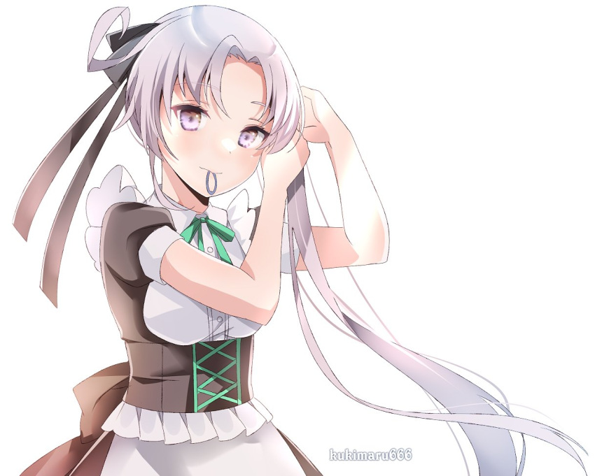 1girl akitsushima_(kancolle) alternate_costume apron black_dress blush closed_mouth dress enmaided eyebrows_visible_through_hair kantai_collection kukimaru light_purple_hair long_hair maid maid_apron mouth_hold one-hour_drawing_challenge puffy_short_sleeves puffy_sleeves purple_eyes short_sleeves side_ponytail simple_background solo twitter_username upper_body waist_apron white_apron white_background