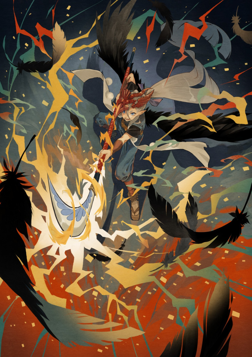 1boy blue_eyes blue_pants brown_footwear character_request commentary_request falling_feathers fire full_body grey_hair highres holding holding_polearm holding_weapon long_hair looking_at_viewer male_focus mask mask_on_head naginata onmyoji p-suke pants pointy_ears polearm sandals solo sparks weapon