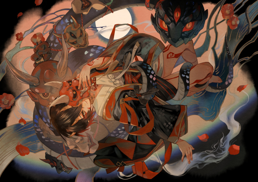 1boy bare_legs barefoot black_robe branch brown_hair character_request chinese_clothes closed_mouth commentary_request dragon eastern_dragon facial_mark falling_petals flower full_body horns leg_tattoo looking_at_viewer male_focus mask oni_mask onmyoji p-suke petals red_flower red_ribbon ribbon sash shirt short_hair smile solo tattoo white_shirt yellow_eyes