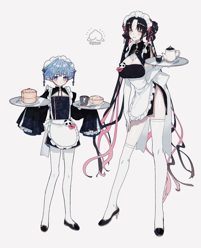 1boy 1girl absurdres alternate_costume apron bangs black_dress black_footwear black_hair blue_eyes blue_hair blush breasts china_dress chinese_clothes cleavage closed_mouth commentary cup dress elbow_gloves enmaided eyebrows_visible_through_hair facial_mark fate/extra fate/extra_ccc fate/grand_order fate_(series) forehead_tattoo frilled_apron frills full_body gloves grey_background hans_christian_andersen_(fate) high_heels highres holding holding_tray large_breasts long_hair looking_at_viewer maid maid_apron maid_headdress multicolored_hair name_tag parted_bangs pink_hair pith_u sesshouin_kiara short_hair side_slit sidelocks simple_background sleeves_past_fingers sleeves_past_wrists smile standing streaked_hair symbol-only_commentary teacup teapot thighhighs tray twintails very_long_hair white_apron white_gloves white_headwear white_legwear wide_sleeves yellow_eyes