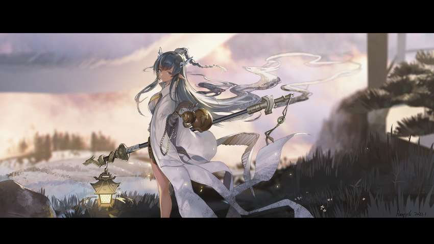 1girl arknights artist_name backlighting bangs bare_legs black_gloves blue_eyes blue_hair blurry blurry_background braid breasts closed_mouth coat dated day depth_of_field earrings elbow_gloves feet_out_of_frame floating_hair from_behind gloves gourd han_yijie highres holding holding_staff jewelry lantern large_breasts letterboxed ling_(arknights) long_hair long_sleeves looking_at_viewer looking_back necktie open_clothes open_coat outdoors pointy_ears signature smile solo staff standing very_long_hair white_coat wide_sleeves wind yellow_necktie