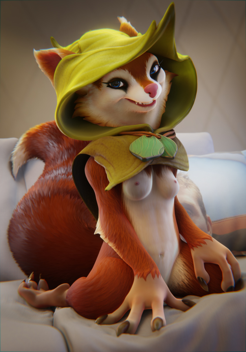3d_(artwork) 4_fingers anthro blue_eyes breasts butt cape claws clothing digital_media_(artwork) dota eyeshadow feet female fingers fur furniture hi_res hood hoodwink_(dota) inside makeup mammal navel nipples nude pose red_body red_fur rodent sciurid seductive sitting smile sofa solo tail_tuft toes tree_squirrel tuft video_games white_body