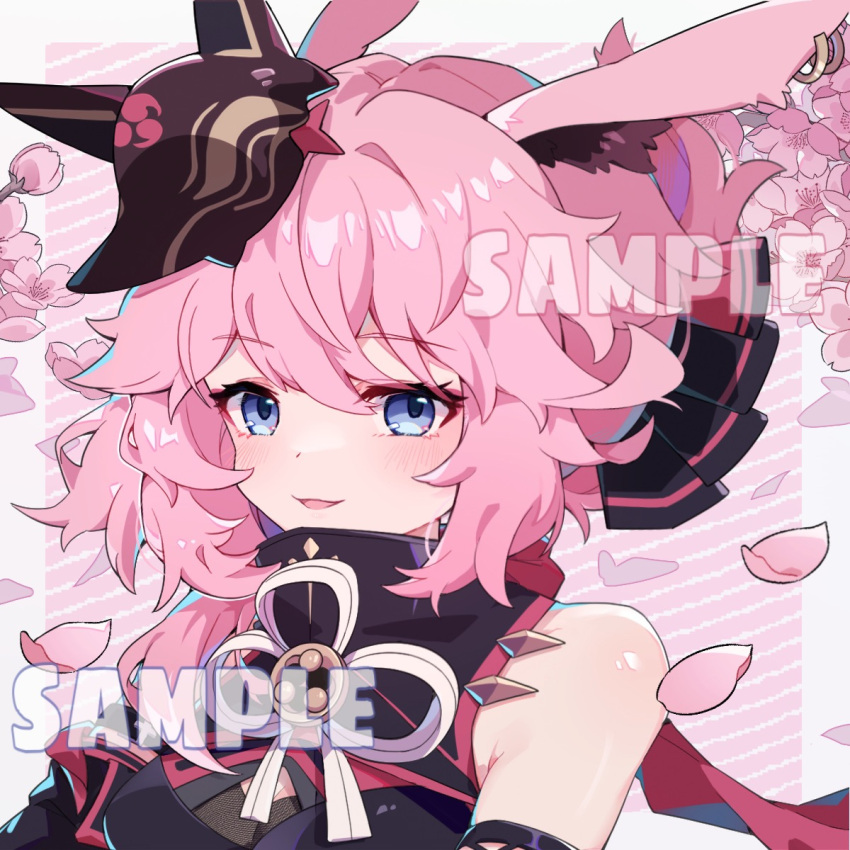 1girl :d animal_ears armor bangs bare_shoulders cherry_blossoms closed_mouth evilcat9 fox_ears fox_mask hair_between_eyes hair_ornament highres honkai_(series) honkai_impact_3rd japanese_armor looking_at_viewer mask ninja open_mouth petals pink_hair purple_eyes sample smile solo yae_kasumi yae_sakura yae_sakura_(darkbolt_jonin)