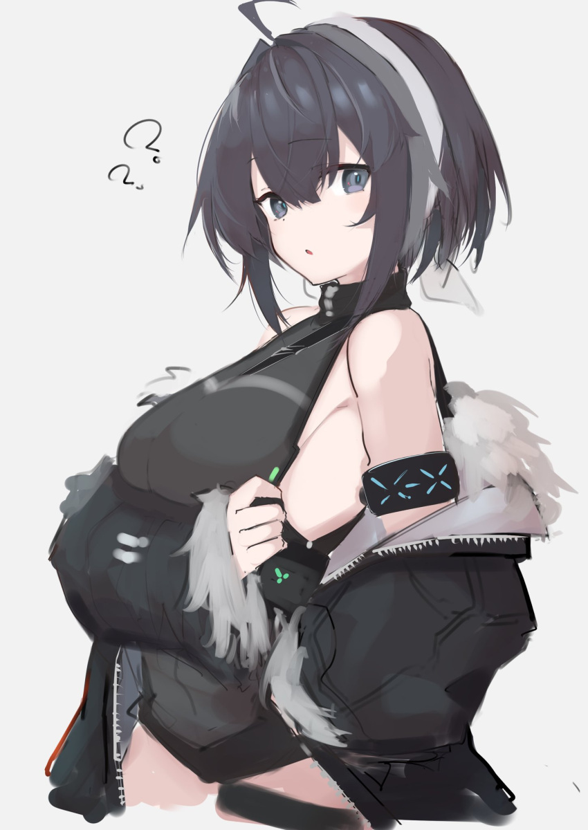 1girl ? ahoge arknights armband armpit_peek armpits asususususu bangs black_hair breasts choker grey_eyes hair_between_eyes highres jacket la_pluma_(arknights) looking_at_viewer multicolored_hair open_mouth short_hair sideboob sidelocks simple_background sleeveless solo streaked_hair thigh_strap thighs white_background