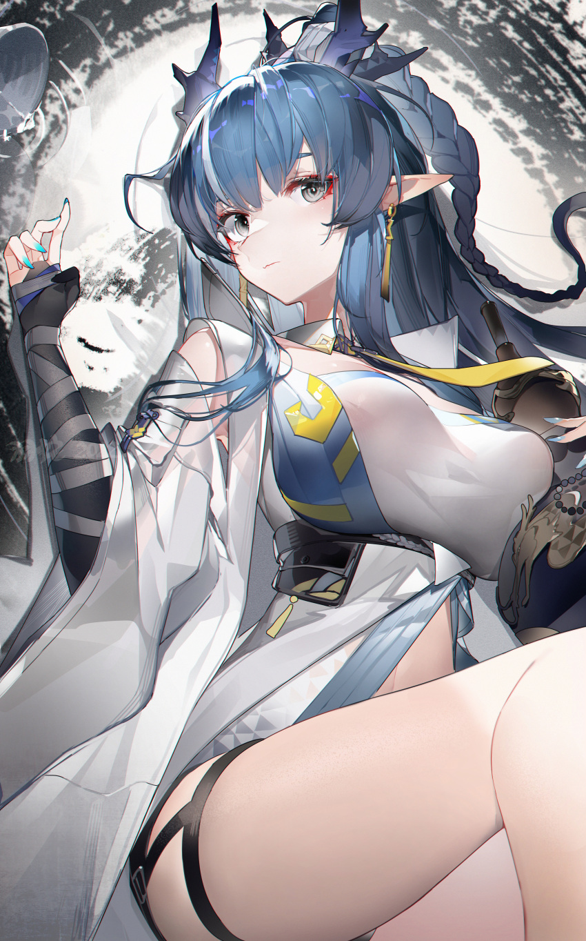 1girl abstract_background absurdres arknights bangs bare_shoulders black_gloves blue_hair blue_nails braid breasts chinese_commentary closed_mouth commentary_request cup detached_collar detached_sleeves dragon_horns earrings elbow_gloves eyebrows_visible_through_hair gloves gourd grey_eyes highres horns jewelry large_breasts legs_up ling_(arknights) long_hair long_sleeves looking_at_viewer lying nail_polish navel necktie on_back open_clothes partially_fingerless_gloves pointy_ears pouch shirt solo thigh_strap thighs underbust very_long_hair white_shirt wide_sleeves yellow_necktie yushi_quetzalli