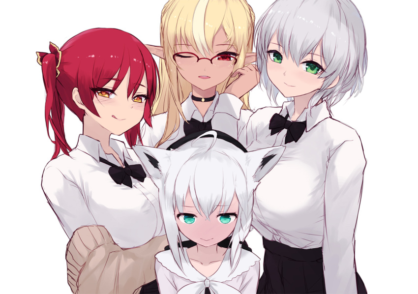 4girls :d :q ahoge animal_ears black_bow black_bowtie black_choker black_headwear blonde_hair blush bow bowtie braid breast_conscious breasts cait_aron choker closed_mouth collared_shirt fox_ears green_eyes grey_hair hat hololive houshou_marine large_breasts long_hair looking_at_viewer medium_hair multicolored_hair multiple_girls one_eye_closed over-rim_eyewear parted_lips red-framed_eyewear red_eyes red_hair semi-rimless_eyewear shirakami_fubuki shiranui_flare shirogane_noel shirt side_braid simple_background smile streaked_hair tongue tongue_out twintails white_background white_shirt wing_collar yellow_eyes you_gonna_get_raped yuri