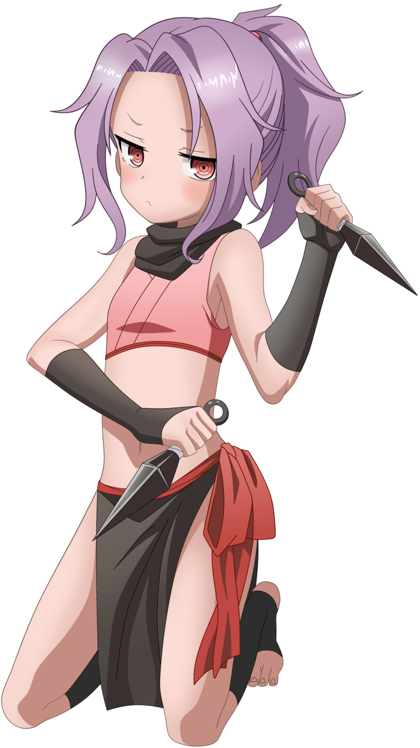 1girl anime_coloring blush dual_wielding fingerless_gloves gloves highres holding kunai kunoichi_tsubaki_no_mune_no_uchi midriff navel ninja pelvic_curtain ponytail purple_hair riokasen sazanka_(kunoichi_tsubaki_no_mune_no_uchi) simple_background toes weapon