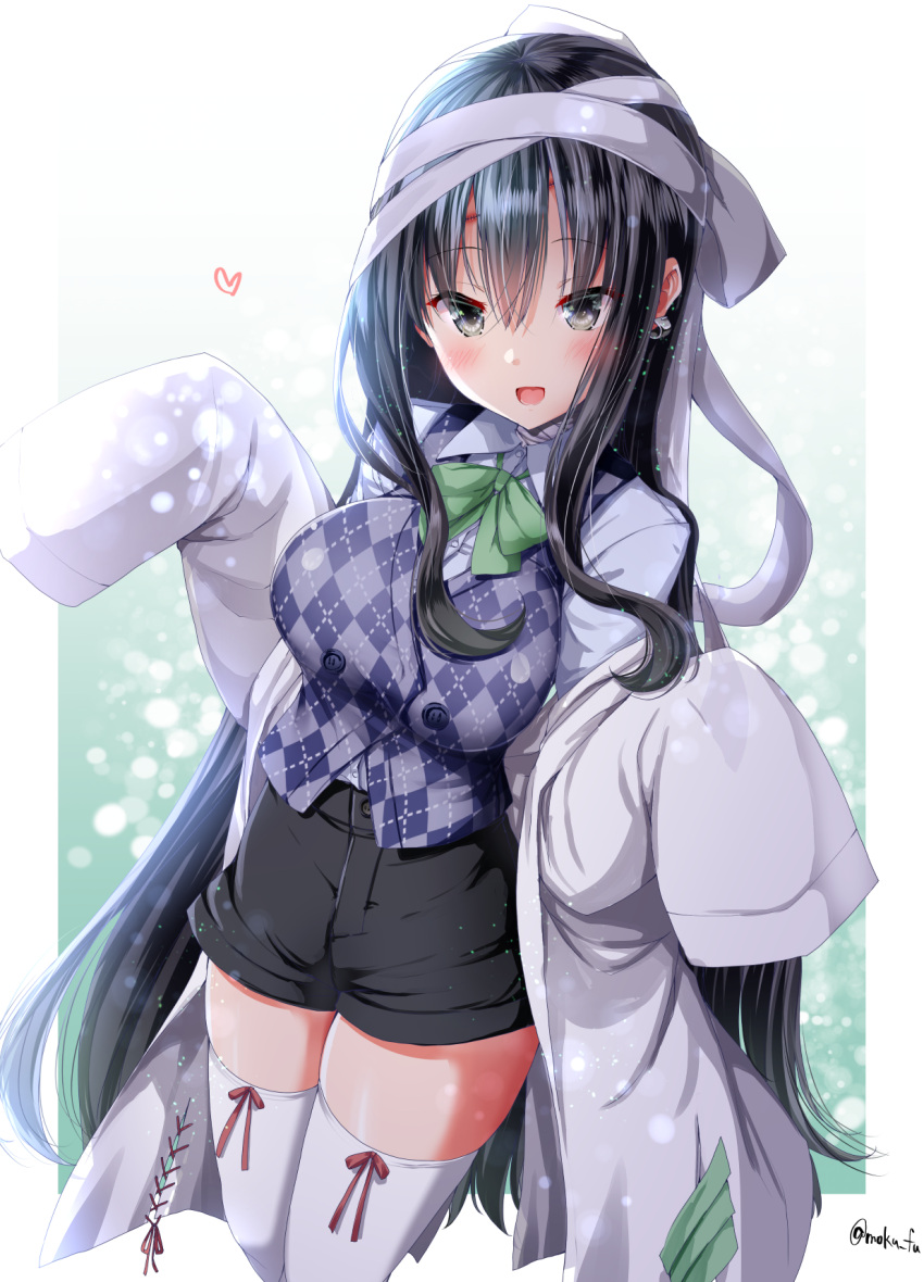 1girl :d argyle bandaged_head bandages black_hair black_shorts bow cardigan_vest collared_shirt dress_shirt green_bow grey_eyes hands_up heart highres ice_cream_mad_labo labcoat long_hair long_sleeves looking_at_viewer mokufuu open_clothes seika_michi shirt short_shorts shorts sleeves_past_fingers sleeves_past_wrists smile solo thighhighs twitter_username very_long_hair virtual_youtuber white_legwear white_shirt