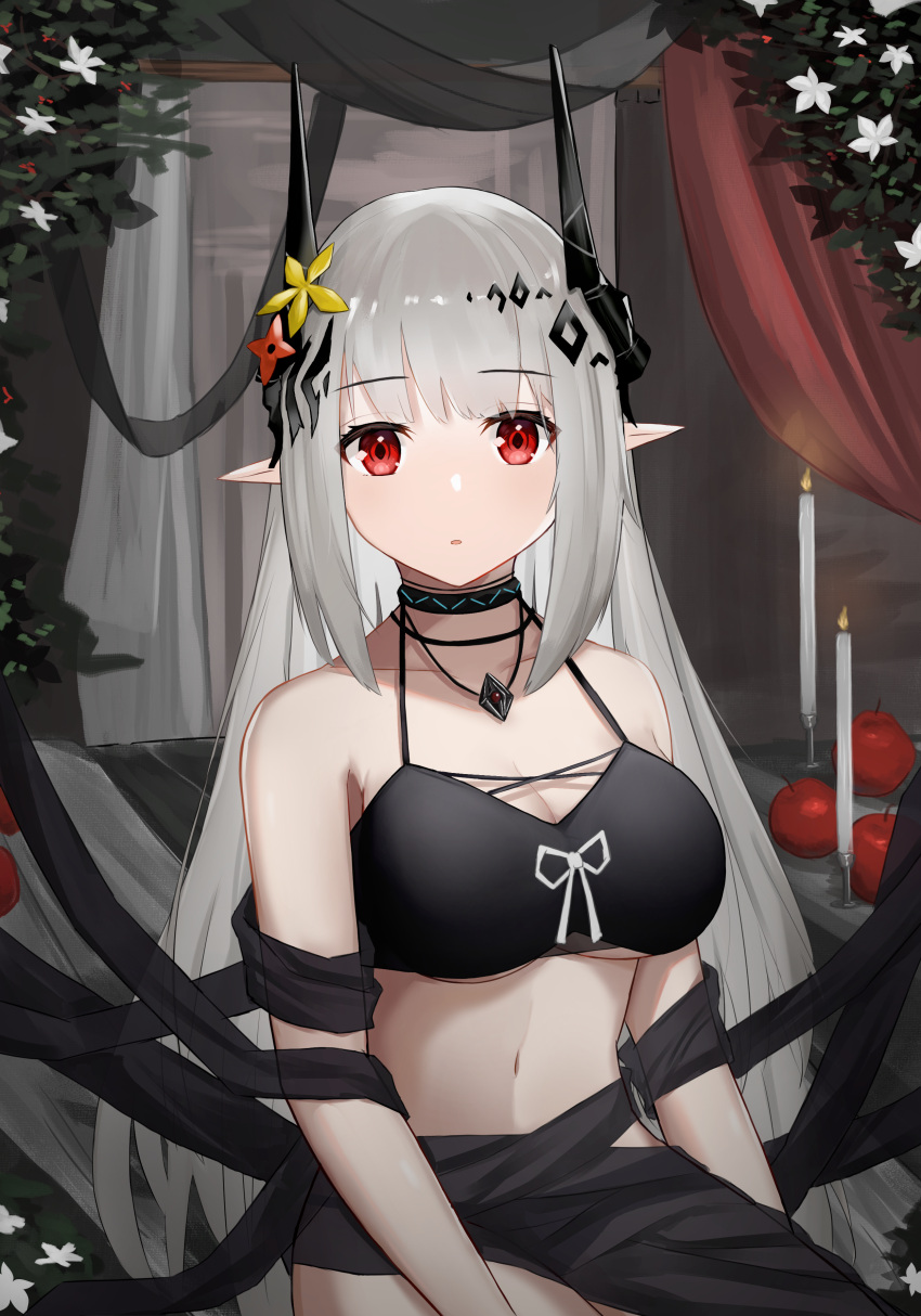 1girl absurdres apple arknights bangs bare_shoulders bikini black_bikini black_ribbon breasts candle cleavage collarbone curtains eyebrows_visible_through_hair flower food fruit hair_flower hair_ornament highres horns jewelry ka_maru large_breasts long_hair looking_at_viewer mudrock_(arknights) mudrock_(silent_night)_(arknights) navel necklace official_alternate_costume parted_lips pointy_ears red_eyes red_flower ribbon sarong signature silver_hair sitting solo straight_hair swimsuit very_long_hair yellow_flower