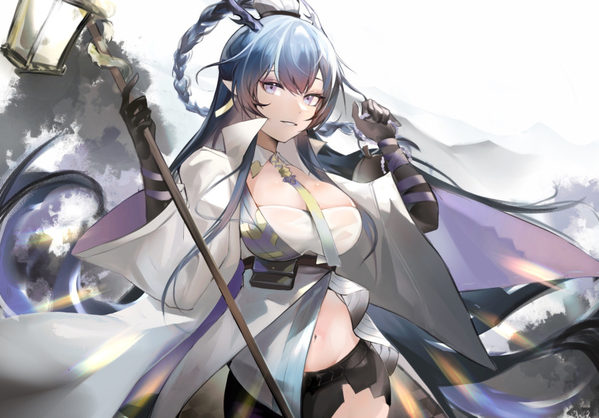 1girl arknights bangs between_breasts black_gloves black_shorts blue_hair braid breasts chinese_commentary cleavage coat commentary_request detached_collar earrings elbow_gloves eyebrows_visible_through_hair gloves gourd gradient_hair highres holding holding_staff jewelry lantern large_breasts ling_(arknights) long_hair long_sleeves looking_at_viewer multicolored_hair navel necktie necktie_between_breasts open_clothes open_coat outdoors parted_lips pointy_ears pouch purple_eyes purple_hair revealing_clothes short_shorts shorts smile solo staff strapless tabayashi underbust very_long_hair white_coat wide_sleeves yellow_necktie