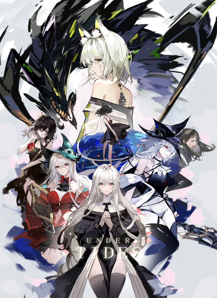 6+girls absurdres animal_ear_fluff animal_ears anita_(arknights) aqua_headwear arknights ascot bare_arms bare_legs bare_shoulders black_ascot black_dress black_hair black_headwear black_legwear bodysuit breasts brown_hair character_request clothing_cutout commentary covered_navel detached_collar detached_sleeves dress dress_flower english_commentary english_text falling_petals flower gladiia_(arknights) green_eyes grey_eyes grey_hair habit hand_up highres holding holding_instrument holding_staff instrument irene_(arknights) kal'tsit_(arknights) large_breasts light_green_hair light_smile long_hair long_sleeves looking_at_viewer looking_to_the_side low-tied_long_hair lyre medium_hair mon3tr_(arknights) multiple_girls navel navel_cutout off-shoulder_dress off_shoulder official_alternate_costume open_mouth oripathy_lesion_(arknights) own_hands_clasped own_hands_together parted_lips pelvic_curtain petals pointy_ears pointy_hat red_dress red_eyes red_flower shoulder_strap skadi_(arknights) skadi_the_corrupting_heart_(arknights) sleeveless sleeveless_dress small_breasts specter_(arknights) staff standing taiz22 thigh_strap thighhighs turtleneck weibo_username white_ascot white_bodysuit white_hair