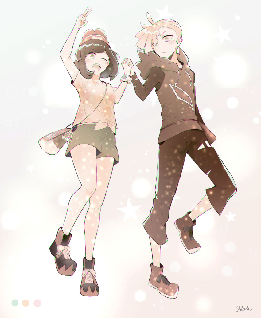 1boy 1girl :d arm_up bare_legs beanie blonde_hair blush bracelet closed_mouth commentary_request floral_print gladion_(pokemon) green_eyes green_shorts hand_up hat highres holding_hands hood hoodie jewelry leg_up open_mouth pokemon pokemon_(game) pokemon_sm red_headwear selene_(pokemon) shirt shoes short_hair short_sleeves shorts smile sneakers sweatdrop t-shirt teeth tere_asahi tied_shirt tongue upper_teeth v z-ring