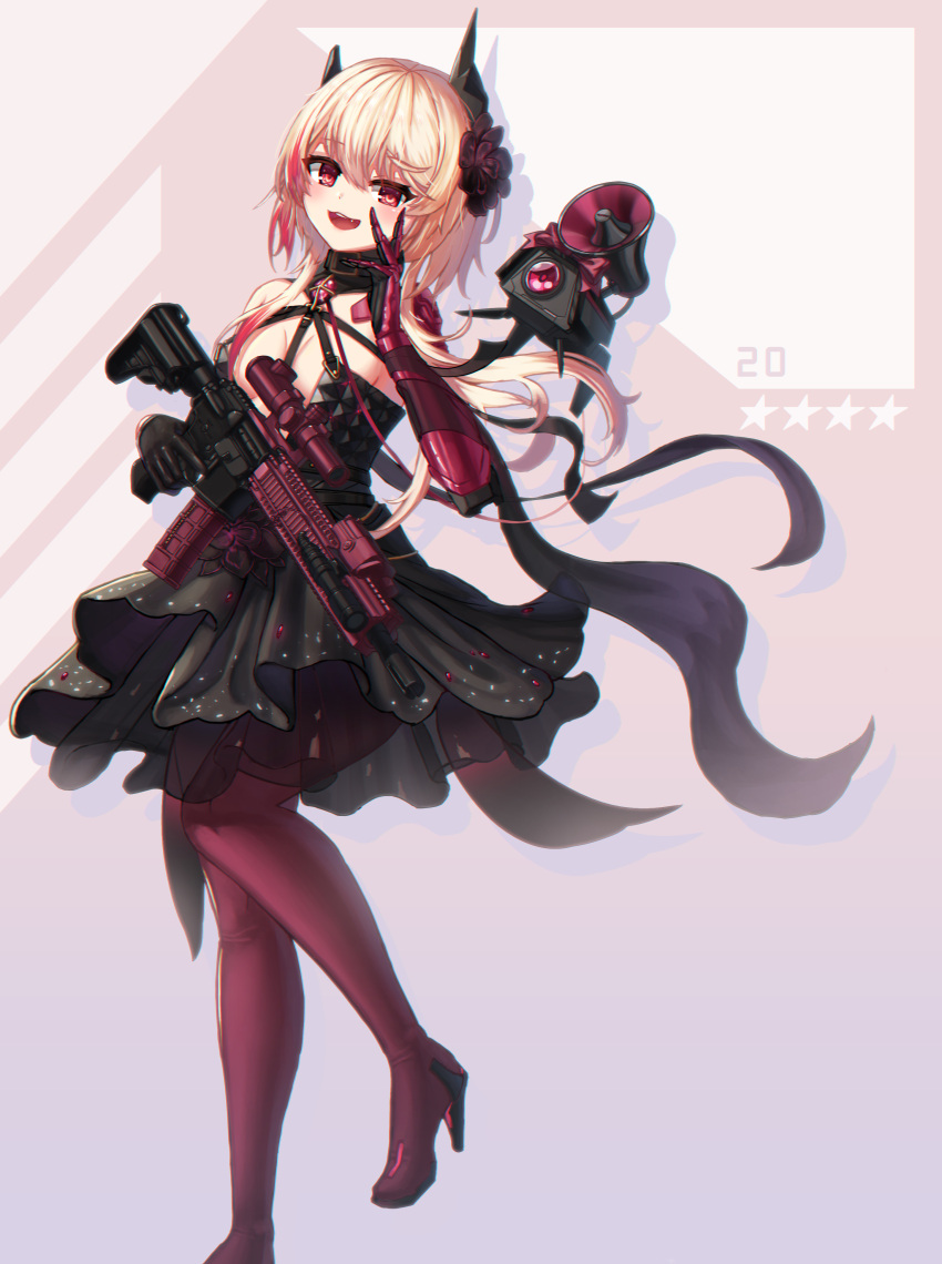 1girl :d absurdres assault_rifle bangs bare_shoulders black_dress blonde_hair boots breasts commentary dress elbow_gloves eyebrows_visible_through_hair feet_out_of_frame girls'_frontline gloves gun hair_between_eyes hand_on_own_face hand_up high_heel_boots high_heels highres holding holding_gun holding_weapon long_hair looking_at_viewer m4_carbine m4_sopmod_ii_(girls'_frontline) medium_breasts object_namesake purple_gloves red_eyes red_footwear red_legwear rifle smile solo standing standing_on_one_leg star_(symbol) stratosphere_(coom1017) thigh_boots thighhighs very_long_hair weapon