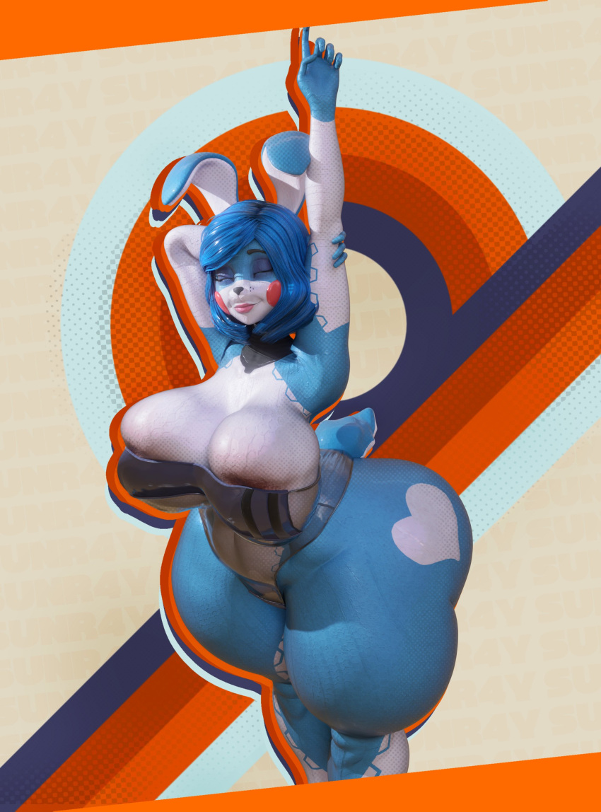 2022 3d_(artwork) absurd_res anthro big_breasts big_butt blue_body blue_hair breasts butt digital_media_(artwork) eyes_closed female five_nights_at_freddy's five_nights_at_freddy's_2 gris_swimsuit hair hi_res huge_breasts huge_butt lagomorph leporid mammal rabbit scottgames scut_tail short_tail solo sunr4y thick_thighs toy_bonnie_(fnaf) video_games white_body