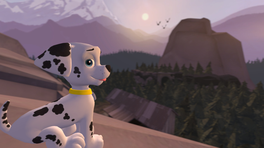 3d_(artwork) black_body black_fur blue_eyes canid canine canis collar dalmatian deltaflame digital_media_(artwork) domestic_dog feral forest fur hi_res looking_at_viewer male mammal marshall_(paw_patrol) outside paw_patrol plant sitting solo source_filmmaker tongue tree white_body white_fur