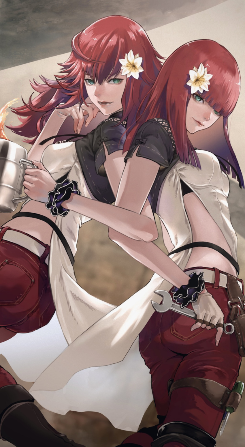 2girls bangs belt blunt_bangs breasts cup devola fingerless_gloves flower gauss_&lt;bokashi gloves green_eyes hair_flower hair_ornament hand_on_own_face highres holding holding_cup holding_wrench locked_arms long_hair medium_breasts mug multiple_girls nier_(series) nier_automata pants popola red_hair screwdriver scrunchie short_sleeves siblings thigh_strap twins wrench wrist_scrunchie