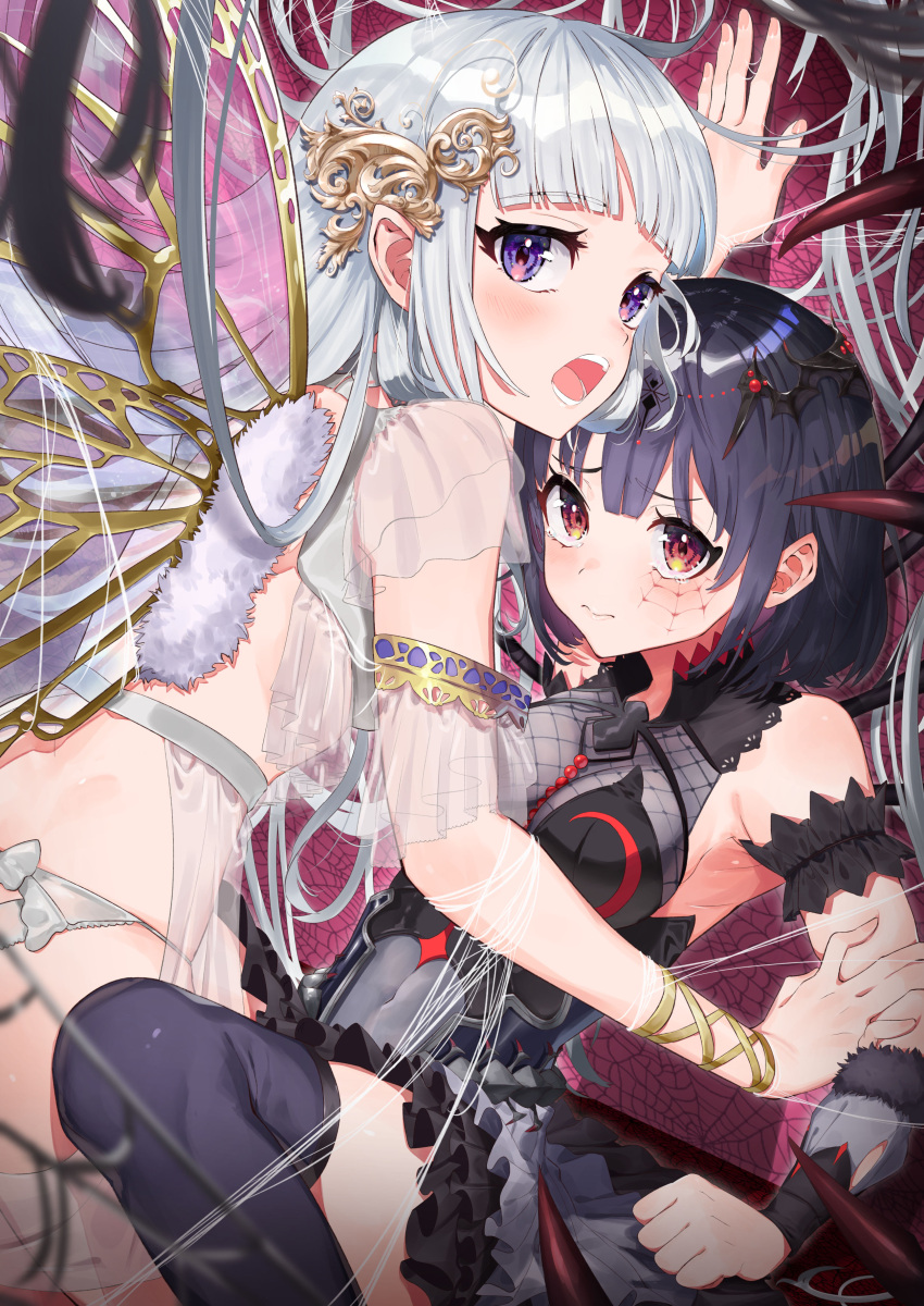 2girls absurdres armpits arthropod_girl arthropod_legs babydoll bare_shoulders black_hair black_vs_white blush butterfly_girl butterfly_wings closed_mouth copyright_request from_behind grey_hair grey_panties highres long_hair looking_at_viewer looking_back medium_hair multiple_girls open_mouth panties purple_eyes purple_legwear red_eyes spider_girl spider_web_tattoo taiga_(ryukyu-6102-8) thighhighs underwear wings yuri