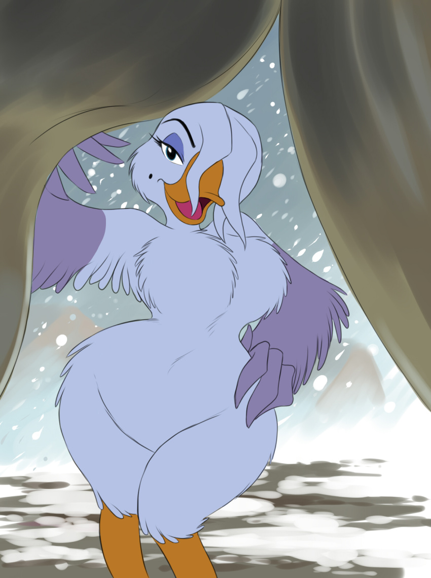 anatid anseriform anserinae anthro avian balto_(film) beauty_mark bedroom_eyes bird blue_eyes breasts featureless_breasts female goose hi_res looking_at_viewer narrowed_eyes open_mouth portrait seductive snow snow_goose solo stella_(balto) thick_thighs three-quarter_portrait tongue unknown_artist wide_hips
