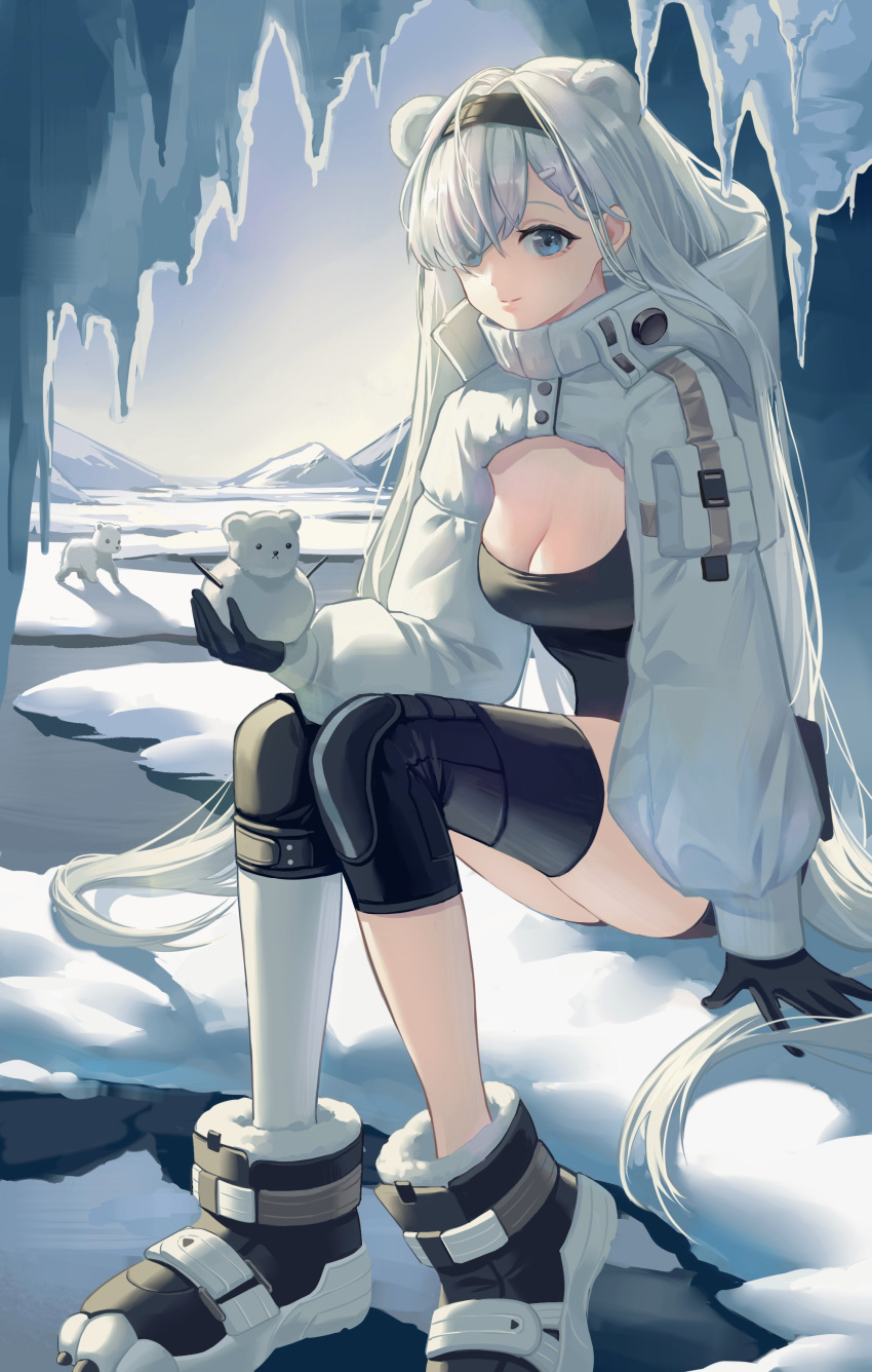 1girl absurdres animal_ears arknights arm_support aurora_(arknights) bangs bear bear_ears black_gloves black_hairband black_shirt blue_eyes boots breasts cleavage gloves hair_over_one_eye hairband high_collar highres holding holding_snowman knee_pads long_hair long_sleeves looking_at_viewer medium_breasts polar_bear shijiediyikeaide_gg shirt shrug_(clothing) silver_hair sitting snowman solo very_long_hair