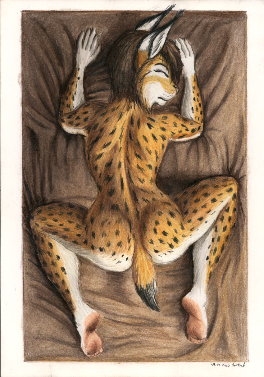 all_fours anthro butt cloth eyes_closed felid feline female hi_res lynx mammal nude plantigrade pose rear_view solo syntech