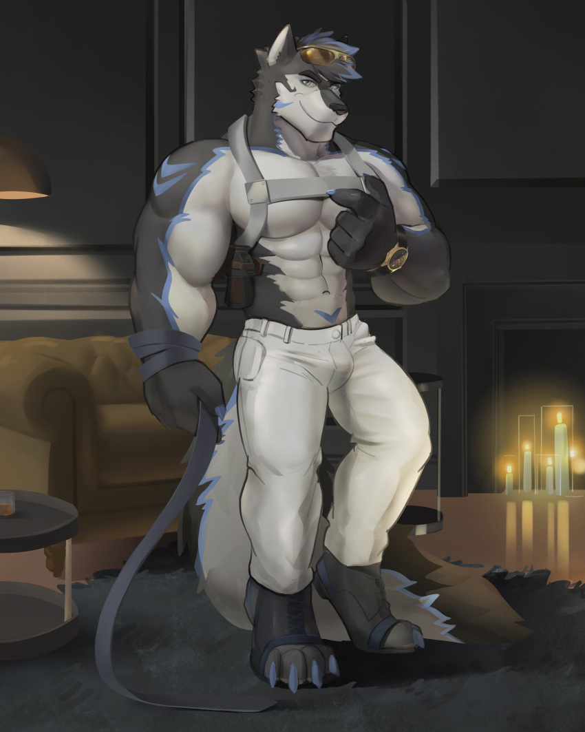 2022 absurd_res anthro archermagnum bottomwear candle clothed clothing digitigrade discordnight_(artist) fire harness hi_res inside male mammal muscular muscular_anthro muscular_male pants smile solo thunderrangers topless topless_male white_clothing