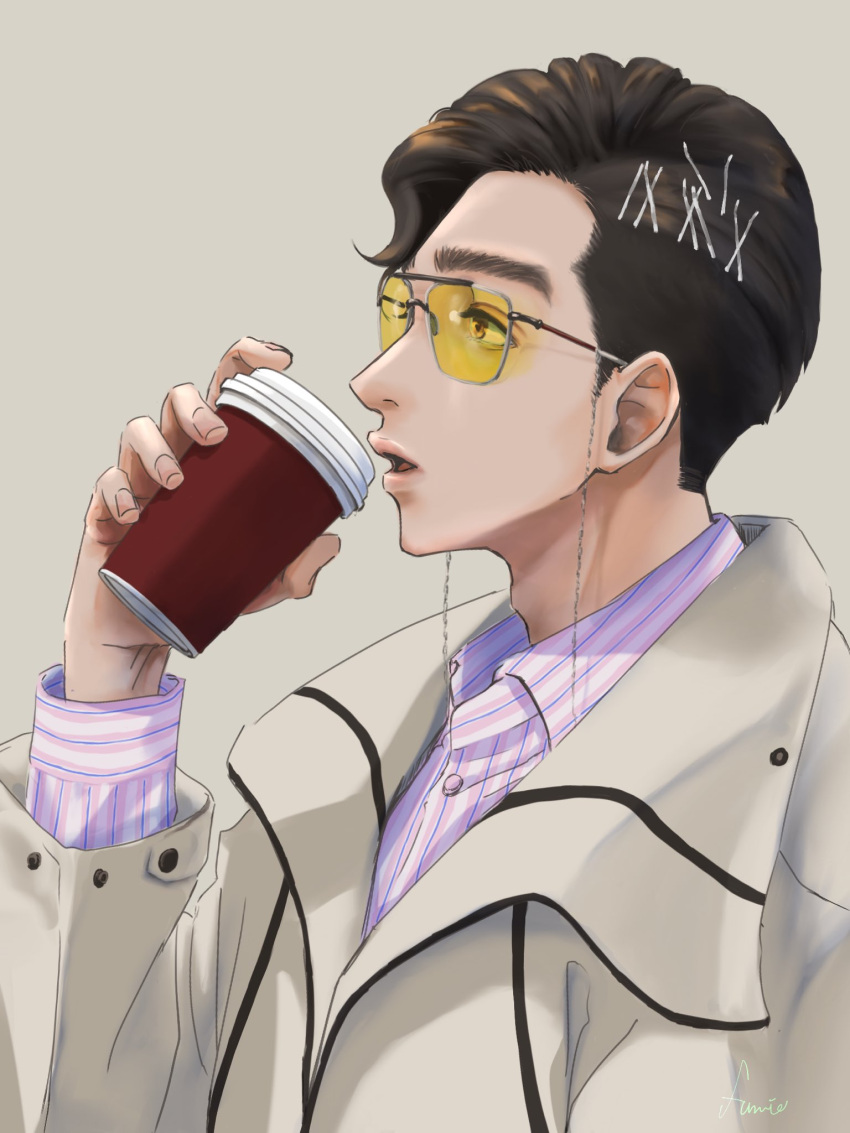 1boy beige_background beige_jacket brown_eyes coffee coffee_cup cup disposable_cup eyeshadow from_side fumi_giza glasses highres kamen_rider kamen_rider_revice karizaki_george makeup male_focus profile purple_shirt scientist shirt short_hair striped striped_shirt tinted_eyewear yellow_eyeshadow