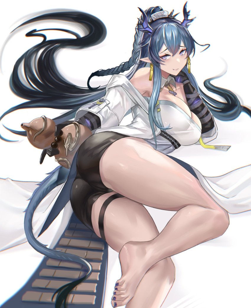 1girl absurdres arknights ass bare_legs bare_shoulders barefoot black_hair black_nails black_shorts blue_hair braid breasts chinese_commentary chong_(547342983) cleavage commentary_request earrings foot_out_of_frame gourd highres holding horns jewelry large_breasts ling_(arknights) long_hair looking_at_viewer multicolored_hair nail_polish off_shoulder pointy_ears purple_eyes short_shorts shorts solo strapless tail thigh_strap thighs toenail_polish toenails tube_top very_long_hair white_background