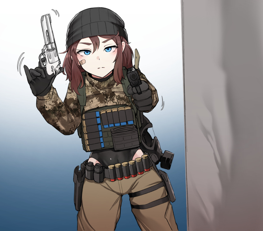 1girl aiming aiming_at_viewer bandaid bandaid_on_face beanie black_headwear black_leotard blue_background blue_eyes brown_hair brown_jacket brown_pants camouflage camouflage_jacket commentary covered_navel cowboy_shot cropped_jacket dual_wielding english_commentary engrish_commentary gas_mask gradient gradient_background gun handgun hat highres holding holding_weapon holster jacket k0ng leotard leotard_under_clothes load_bearing_vest looking_at_viewer mask medium_hair original pants pistol revolver shotgun_shell solo stalker_(game) weapon