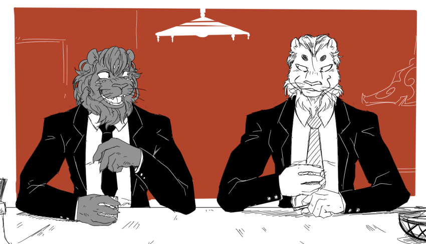 2021 agata_(beastars) anthro bar beastars bowl cigarette clothed clothing container dope_(beastars) duo eye_contact felid glass jacket lamp lion looking_at_another male mammal mane necktie open_clothing open_jacket open_mouth open_topwear pantherine reagan700 shirt topwear