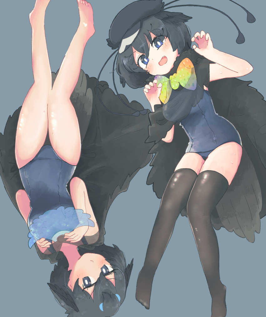 2girls absurdres bare_arms bare_legs bare_shoulders barefoot bird_girl bird_tail bird_wings black_cape black_hair black_headwear black_legwear blue_eyes blue_hair blue_swimsuit blush bow bowtie cabbie_hat cape claw_pose commentary_request fang hasu_(zatsugami) hat head_wings highres kemono_friends multicolored_hair multiple_girls no_shoes one-piece_swimsuit open_mouth school_swimsuit short_hair sleeveless streaked_hair superb_bird-of-paradise_(kemono_friends) swimsuit tail thighhighs western_parotia_(kemono_friends) wings yellow_bow yellow_bowtie zettai_ryouiki