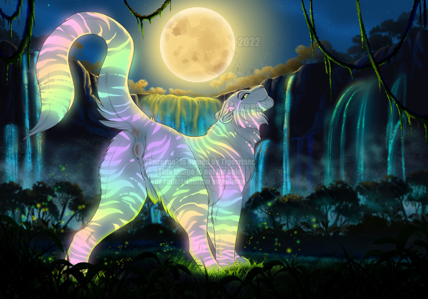 anus aurorea_(tigerriser) backlighting bedroom_eyes butt crator fan_character felid feline feline_genitalia female feral full_moon fur genitals glowing glowing_body glowing_grass glowing_markings glowing_stripes grass hi_res jpeg_(image_quality) jungle light lighting looking_back looking_over_shoulders lynxbrush mammal markings moon moonlight multicolored_markings multicolored_tail narrowed_eyes night panthera pantherine pink_anus pink_pussy plant presenting presenting_anus presenting_hindquarters presenting_pussy pussy rainbow_markings rainbow_stripes rainbow_tail seductive sky smile smirk solo star starry_sky striped_body striped_fur striped_markings striped_tail stripes tail_markings tiger tigress_(disambiguation) tree vines water waterfall waterfalls watermark