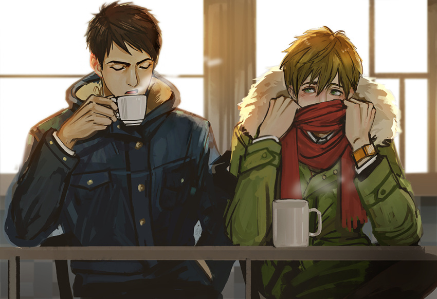 2boys bangs black_hair blue_jacket blush brown_hair closed_eyes couple cup free! fur_jacket green_eyes green_jacket high_speed! holding holding_cup hood hood_down hooded_jacket jacket looking_at_another male_focus mistermagnolia multiple_boys red_scarf scarf short_hair sitting tachibana_makoto watch wristwatch yamazaki_sousuke yaoi