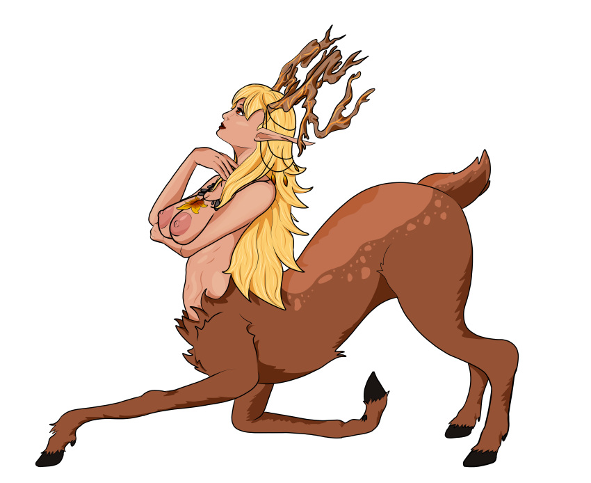 absurd_res areola big_areola blonde_hair breasts brown_body brown_eyes brown_fur catthoggua_(artist) cervid cervid_taur druid female fur hair hi_res horn humanoid_pointy_ears jewelry long_ears magic_user mammal mammal_taur necklace nipples orlaith_(corruption_of_champions_2) solo taur tribal_spellcaster