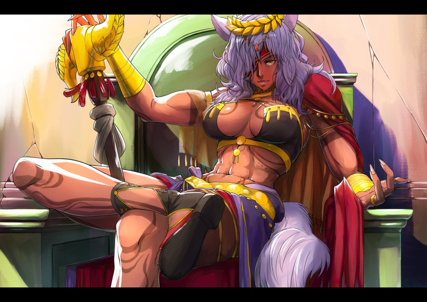 abs aduti_momoyama alternate_costume animal_ears bracelet breasts cape cross crown dark-skinned_female dark_skin fire_emblem fire_emblem:_radiant_dawn fire_emblem_heroes highres jewelry large_breasts long_nails looking_at_viewer muscular nailah_(fire_emblem) official_alternate_costume purple_hair ring sandals scepter sitting tail tattoo throne wolf_ears yellow_eyes