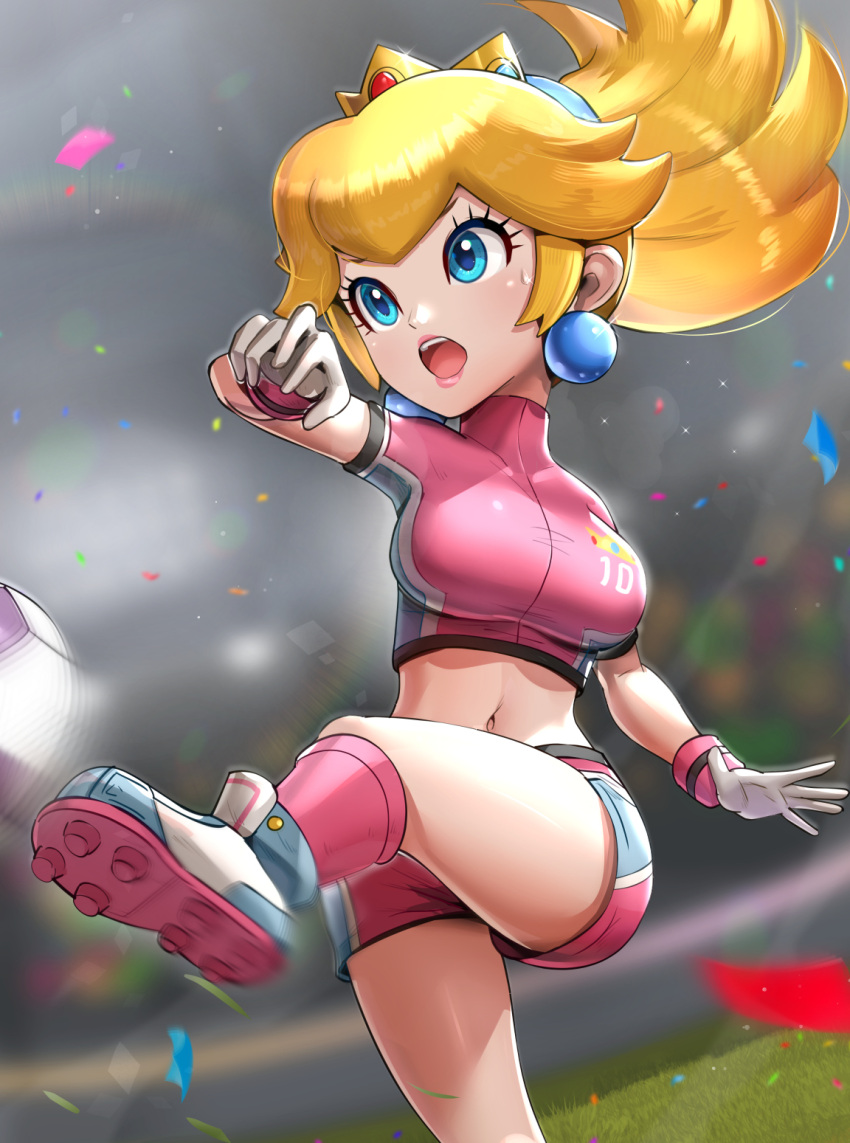 1girl :o blonde_hair blue_eyes breasts commentary_request confetti crown earrings gloves gonzarez highres jewelry kneehighs long_hair mario_(series) navel open_mouth ponytail princess_peach solo super_mario_strikers