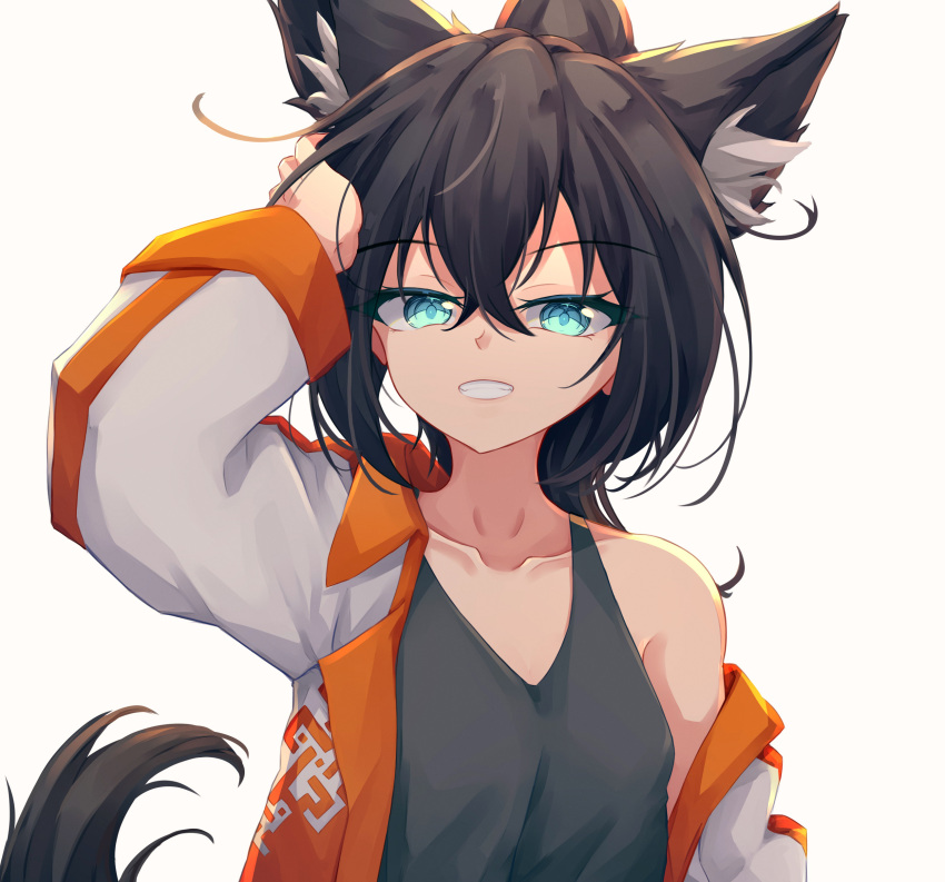 1girl absurdres animal_ear_fluff animal_ears arm_up bangs black_hair black_tank_top blue_eyes collarbone extra_ears eyebrows_visible_through_hair hair_between_eyes hand_on_own_head highres long_hair looking_at_viewer medium_hair open_mouth original ponytail simple_background solo standing tail tank_top teeth trimbil upper_body white_background