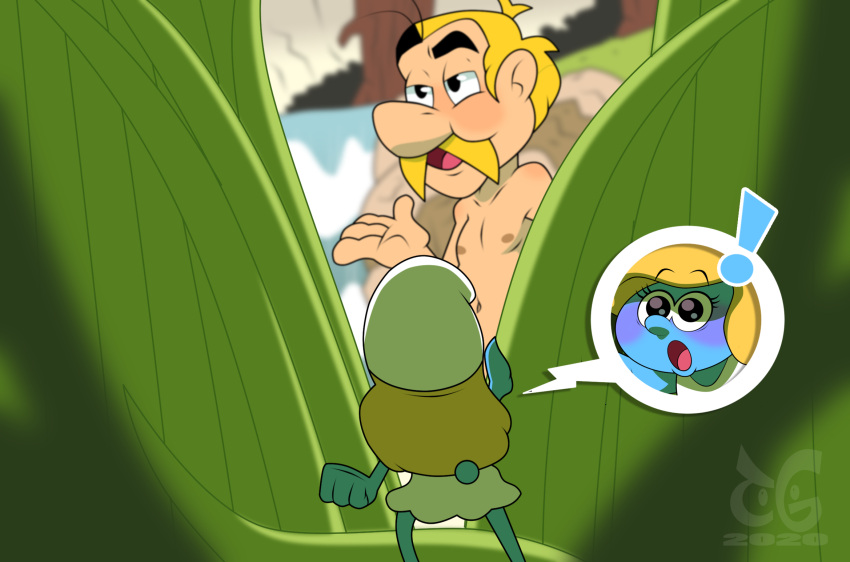 ! asterix_(character) asterix_and_obelix black_eyes blonde_hair blue_body blue_skin blush clothing dress facial_hair female grass hair hi_res human humanoid male mammal mustache navel nipples nude penis_shadow plant smurf smurfette tail_nub the_smurfs toongrowner tree waterfall white_clothing white_dress