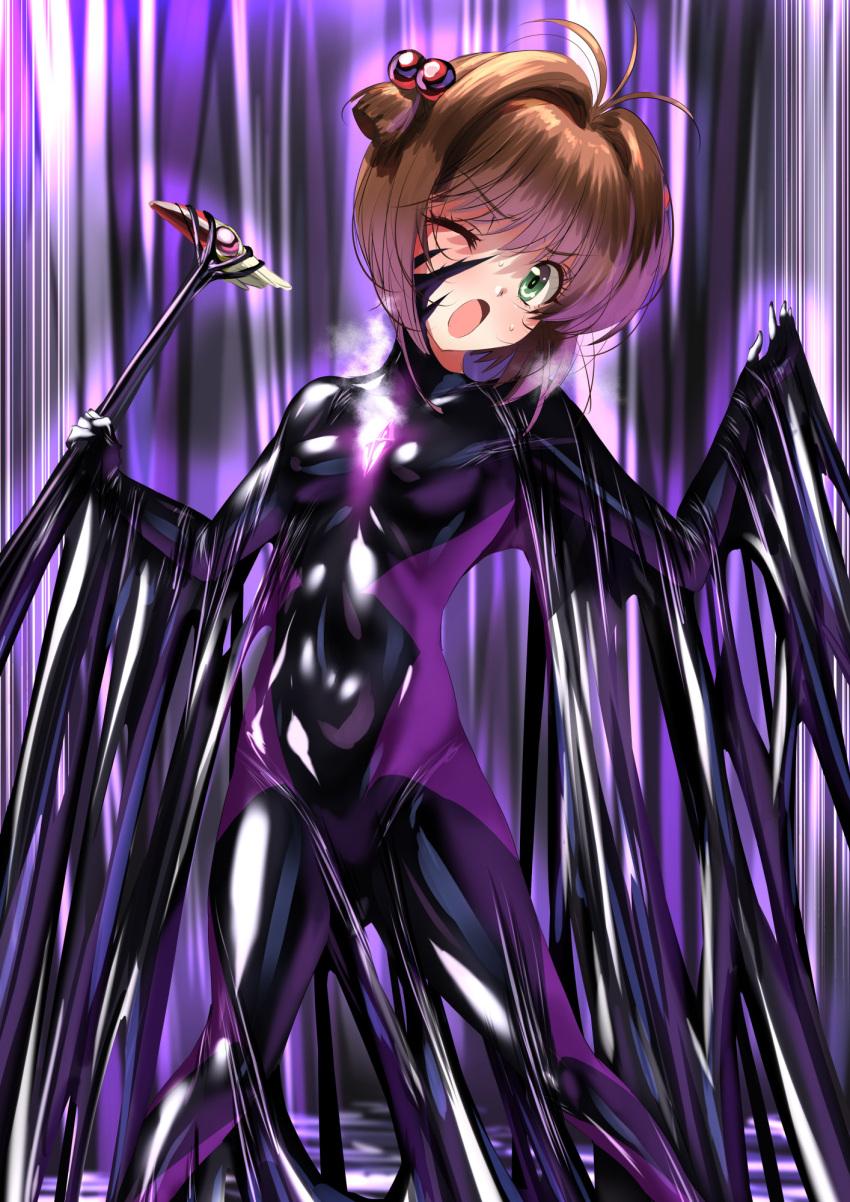 1girl ;o bad_end_precure between_breasts black_bodysuit blush bodysuit breasts brown_hair cardcaptor_sakura collarbone corruption cosplay covered_navel covered_nipples crystal dark_persona full-face_blush gem green_eyes head_tilt headpiece highres kinomoto_sakura latex one_eye_closed open_mouth precure restrained revision sen_(sansui) shiny shiny_clothes short_hair skin_tight small_breasts smile_precure! solo sweatdrop wince