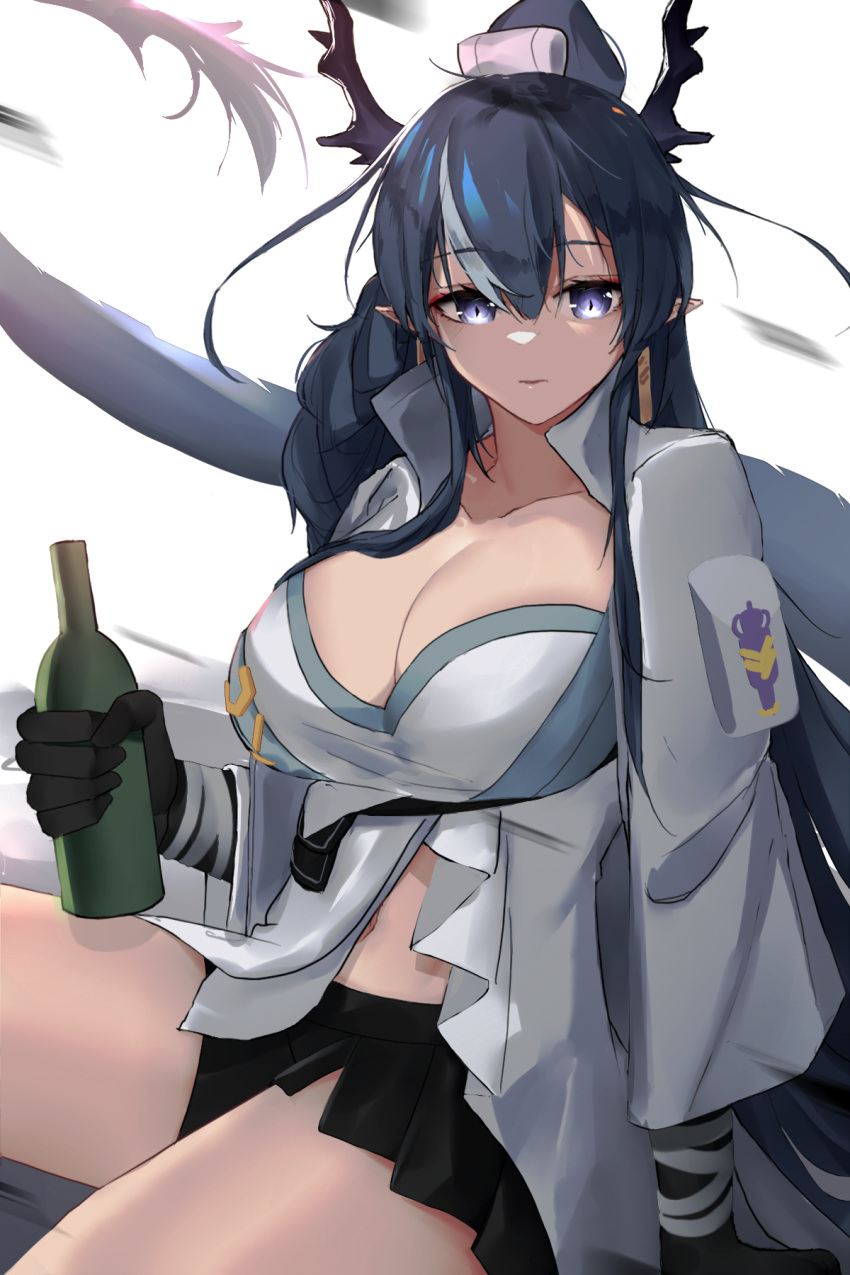 1girl arknights bangs black_gloves black_hair black_skirt bottle braid breasts cleavage closed_mouth collarbone dragon_girl dragon_horns dragon_tail elbow_gloves expressionless eyebrows_visible_through_hair fukuro_eito gloves highres holding holding_bottle horns large_breasts ling_(arknights) long_hair long_sleeves looking_at_viewer miniskirt multicolored_hair navel purple_eyes simple_background sitting skirt solo strapless streaked_hair tail thighs two-tone_hair very_long_hair white_background white_hair