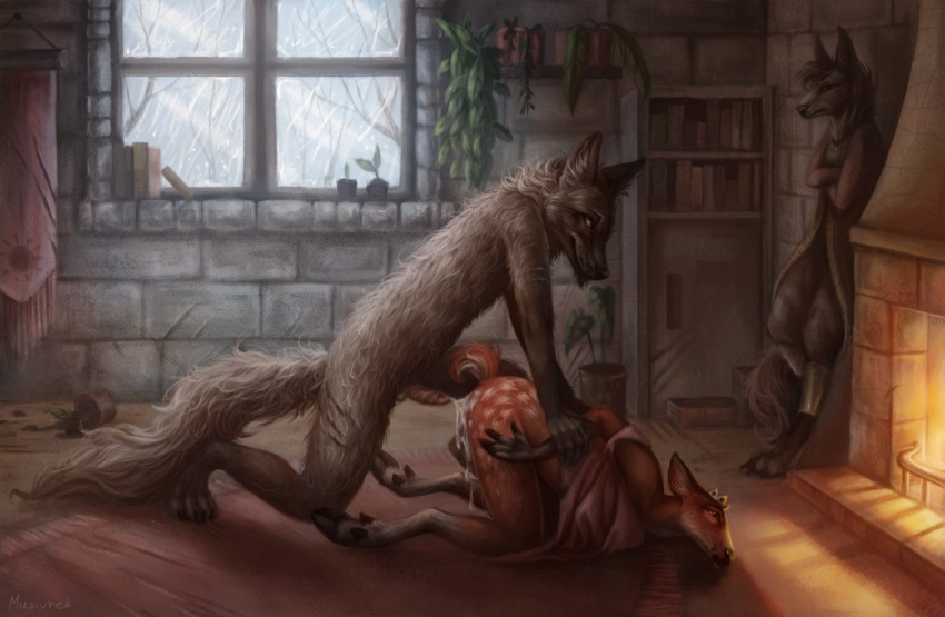 2022 after_rape after_sex age_difference anthro arm_grab ass_up bodily_fluids butt canid canine canis cervid clothed clothing cloven_hooves coyote crown cum cum_inside cum_on_butt defloration detailed_background digitigrade domestic_dog dominant dominant_male duo_focus female fireplace forced fur genital_fluids genitals group hooves humanoid_genitalia humanoid_penis imminent_death impending_doom inside larger_male male male/female mammal maziurek nude penis pinned predator/prey predator_dom_prey_sub rape restrained shaggy shaggy_fur side_view size_difference smaller_female smile spots spotted_body spotted_fur story story_in_description torn_clothing trio window