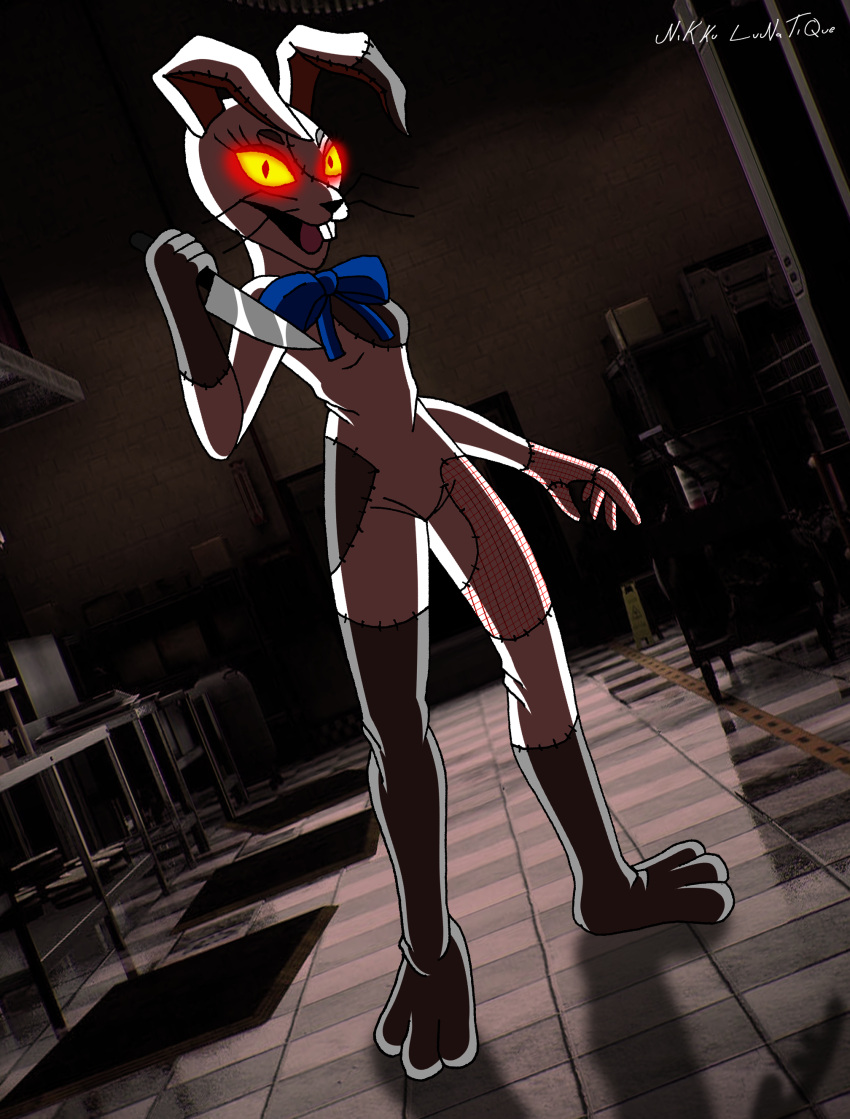 absurd_res anthro bow_tie breasts clothed clothing costume featureless_breasts featureless_crotch female five_nights_at_freddy's five_nights_at_freddy's:_security_breach glowing glowing_eyes hi_res knife lagomorph leporid looking_at_viewer mammal nikku_lunatique not_furry_wearing_fursuit rabbit red_eyes scottgames smile solo standing teeth tongue vanny_(fnaf) video_games whiskers white_body
