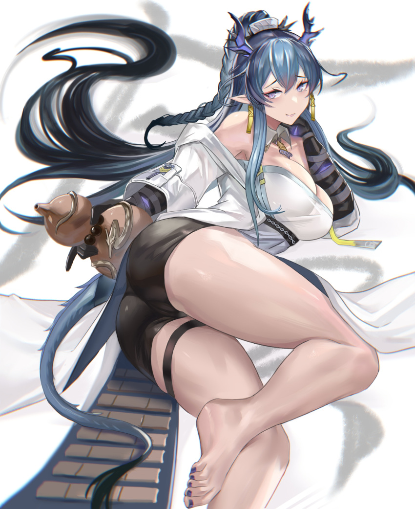 1girl absurdres arknights ass bare_legs bare_shoulders barefoot black_hair black_nails black_shorts blue_hair braid breasts chinese_commentary chong_(547342983) cleavage commentary_request earrings foot_out_of_frame gourd highres holding horns jewelry large_breasts ling_(arknights) long_hair looking_at_viewer multicolored_hair nail_polish off_shoulder pointy_ears purple_eyes short_shorts shorts solo strapless tail thigh_strap thighs toenail_polish toenails tube_top very_long_hair white_background