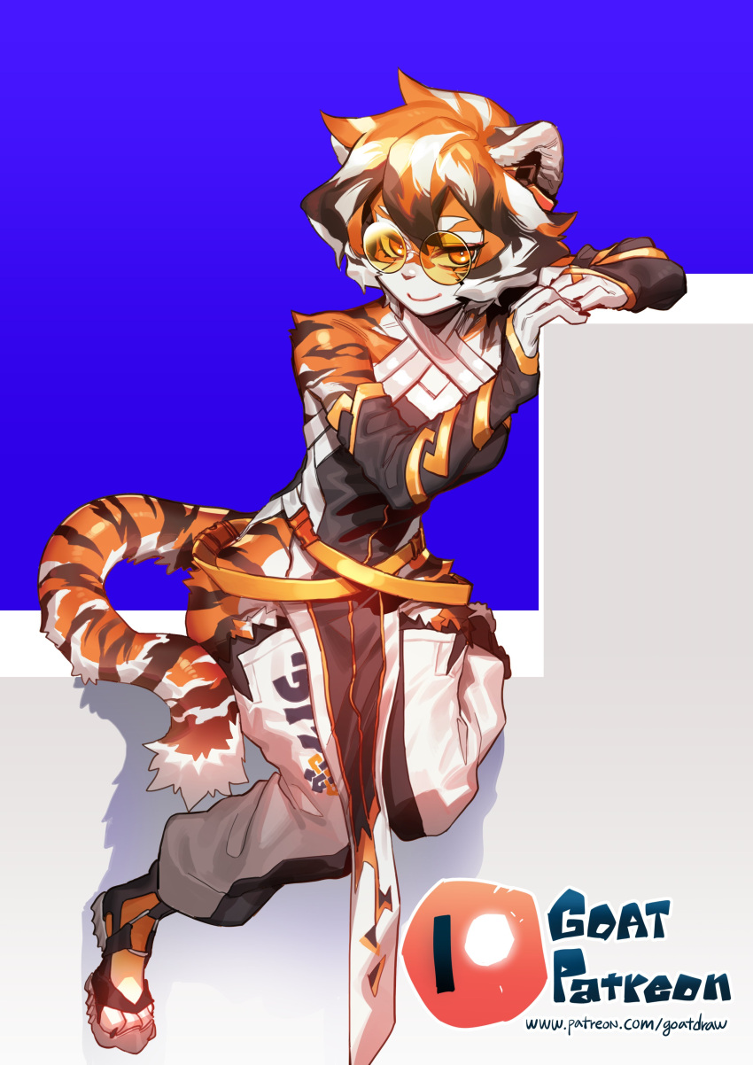 abstract_background absurd_res anthro arknights armwear clothing eyewear felid female footwear fur glasses goatdraw hair hi_res hypergryph long_tail looking_at_viewer mammal markings multicolored_body multicolored_fur multicolored_hair orange_body orange_fur pantherine sandals sitting solo striped_markings striped_tail stripes studio_montagne tail_markings tiger tiger_tail video_games waaifu_(arknights)